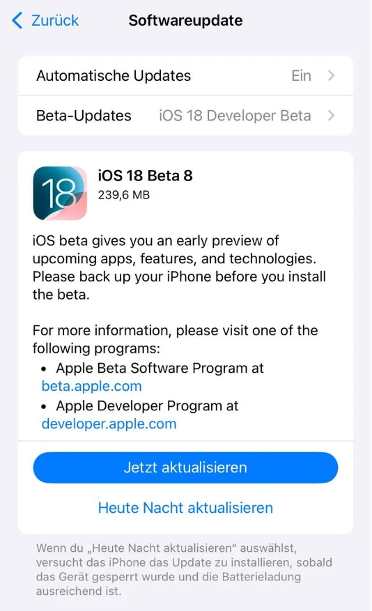 都兰苹果手机维修分享苹果 iOS / iPadOS 18 开发者预览版 Beta 8 发布 